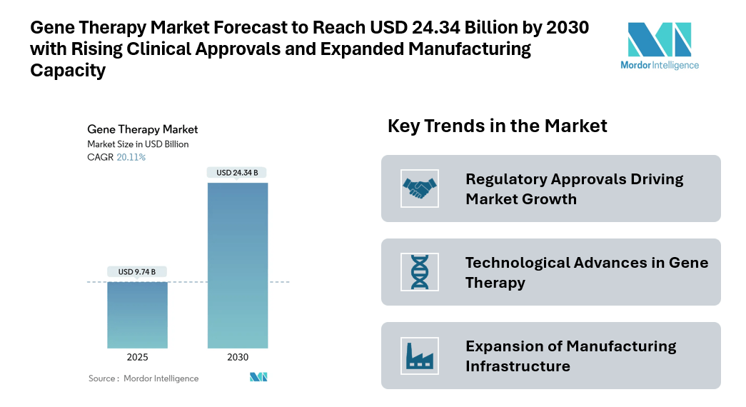 Gene Therapy Market Forecast to Reach USD 24.34 Billion by 2030 with Rising Clinical Approvals and Expanded Manufacturing Capacity